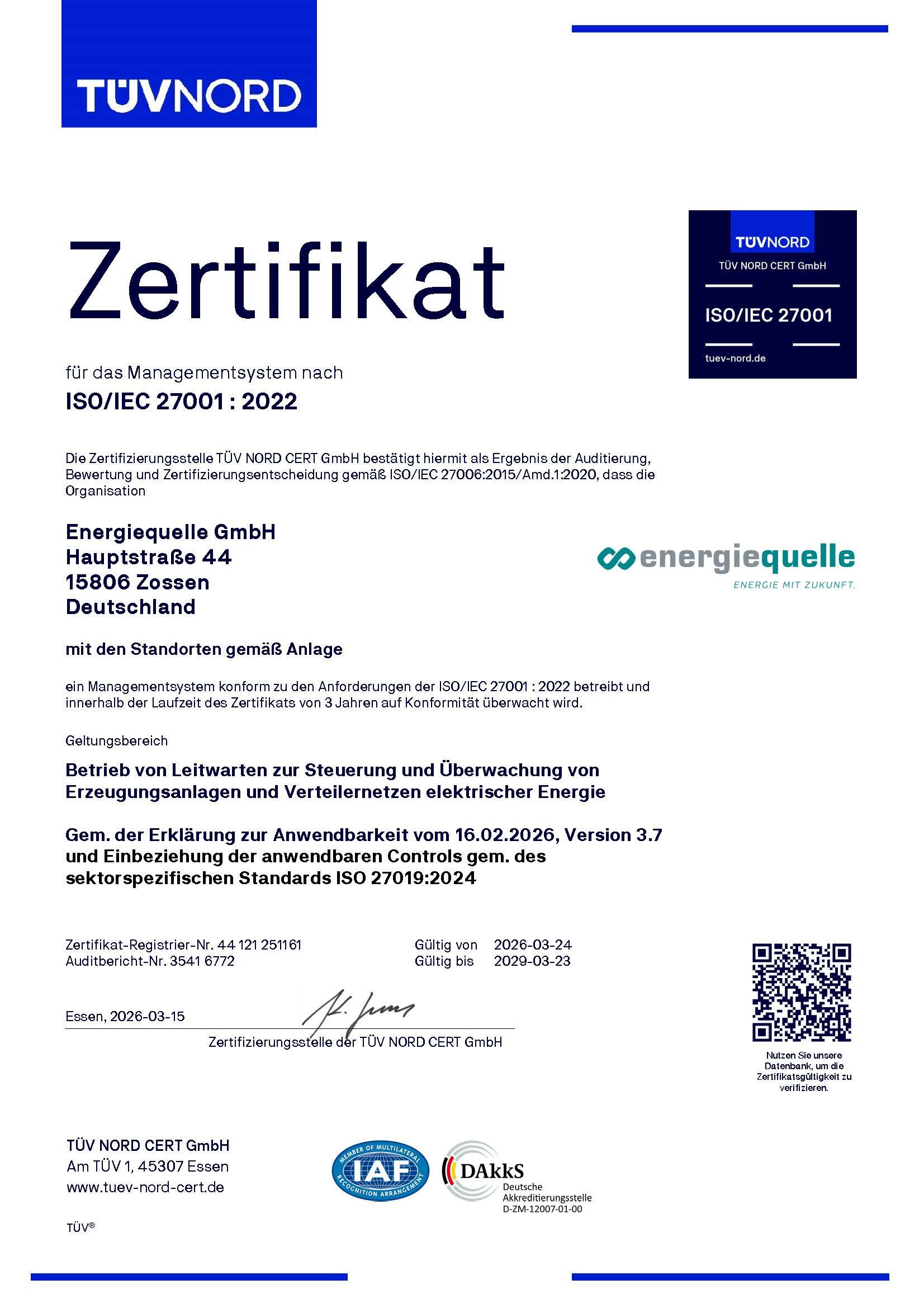 Zertifikat für die Energiequelle GmbH